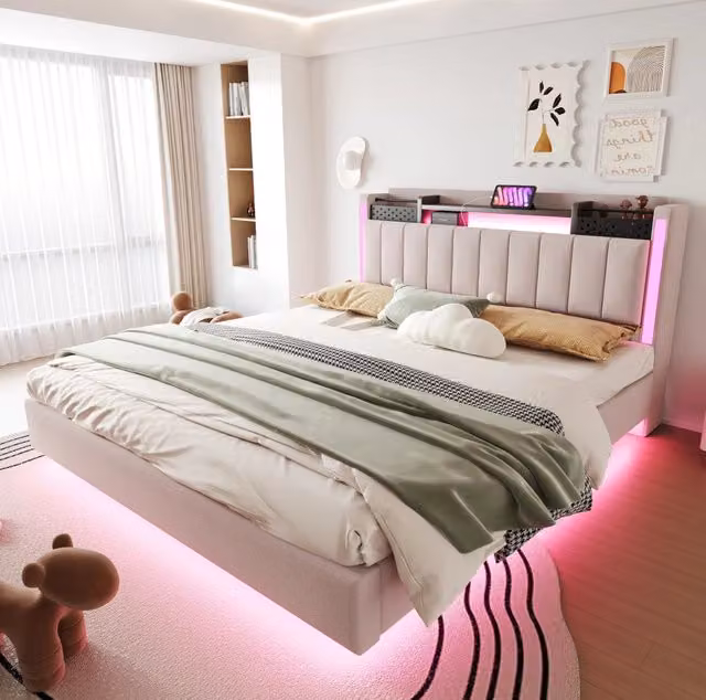 Letto imbottito ULEVR 160x200 cm beige con LED, USB e testiera con vano contenitore