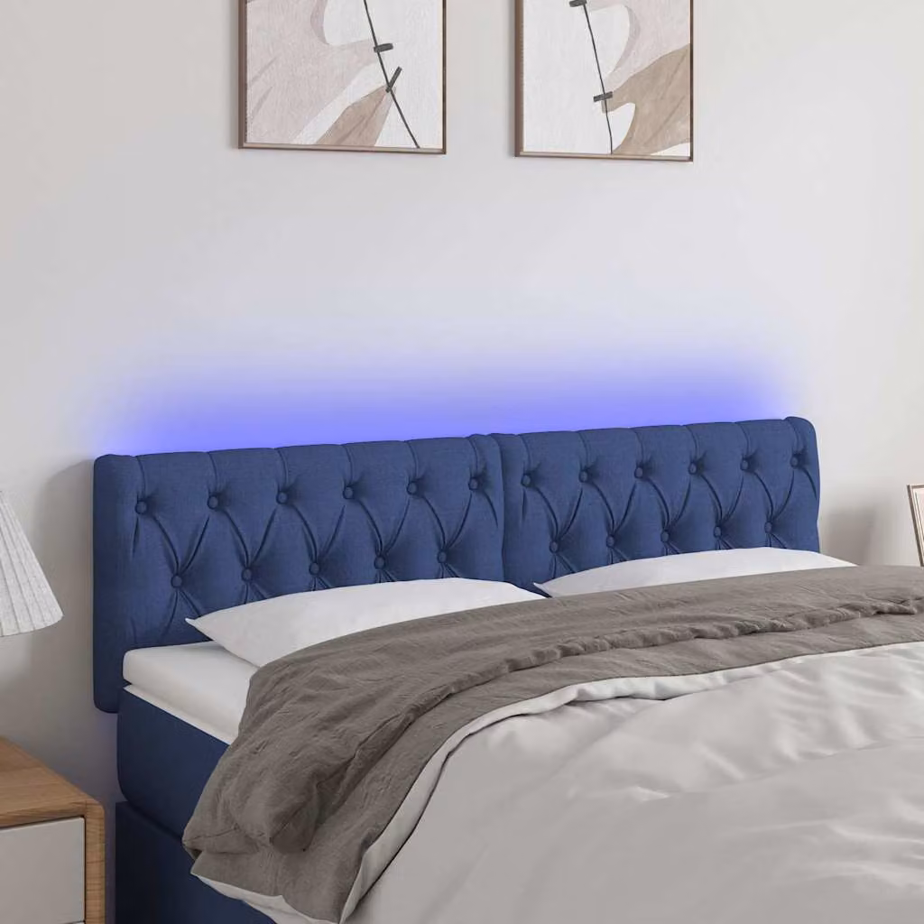 Testiera per letto vidaXL in tessuto blu con illuminazione LED e porta di ricarica USB, L 144 x P 7 x H 78-88 cm