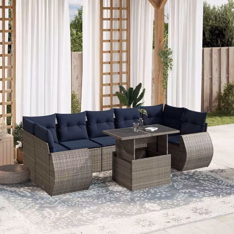 Set da giardino vidaXL in polyrattan grigio con 8 pezzi, divano a L con cuscini e tavolino da esterno