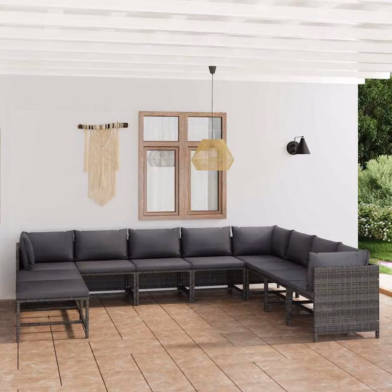 Set di divani da giardino vidaXL 11 pz in rattan con cuscini grigio antracite e struttura in metallo
