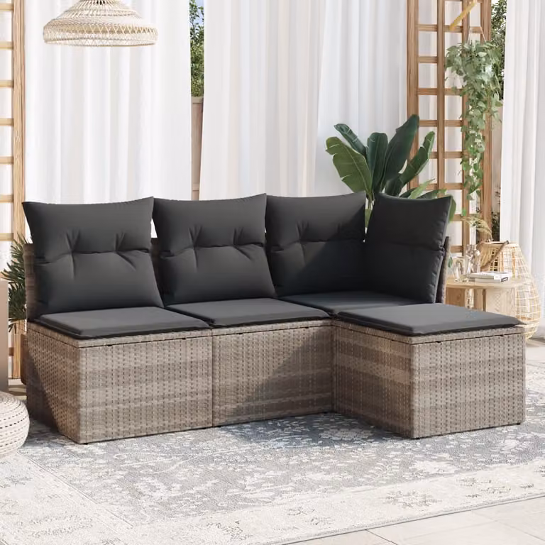 Set Divano da Giardino a L vidaXL in Polyrattan Grigio con Cuscini e Ottoman