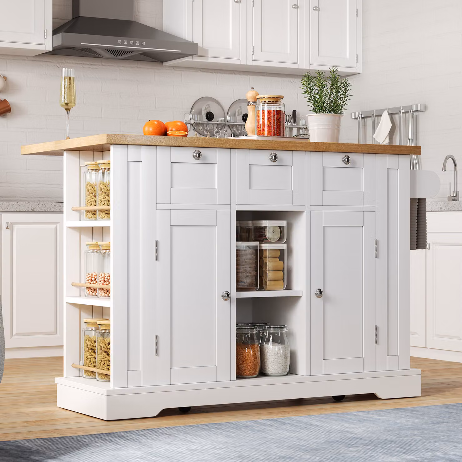 MODFU Comò, credenza, mobile ausiliario, buffet, tavolo da cucina mobile, piano di lavoro ribaltabile, con 3 cassetti e 2 ante, bianco+naturale