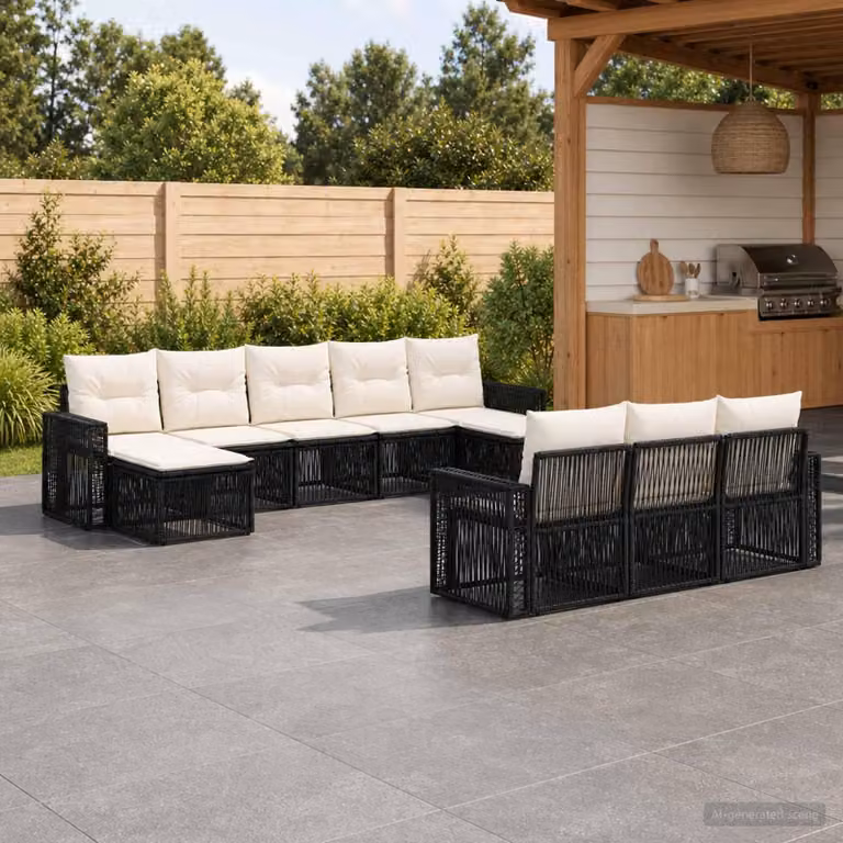 Maison Exclusive - Set da giardino composto da 10 pezzi. Divano da giardino in rattan sintetico, colore nero e crema