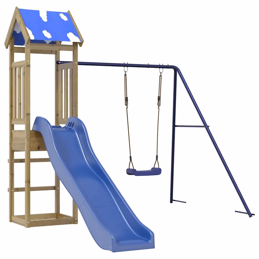vidaXL Set da Gioco da Esterno in Legno di Pino con Scivolo, Altalena, Sabbiera e Tenda Multicolore – 2