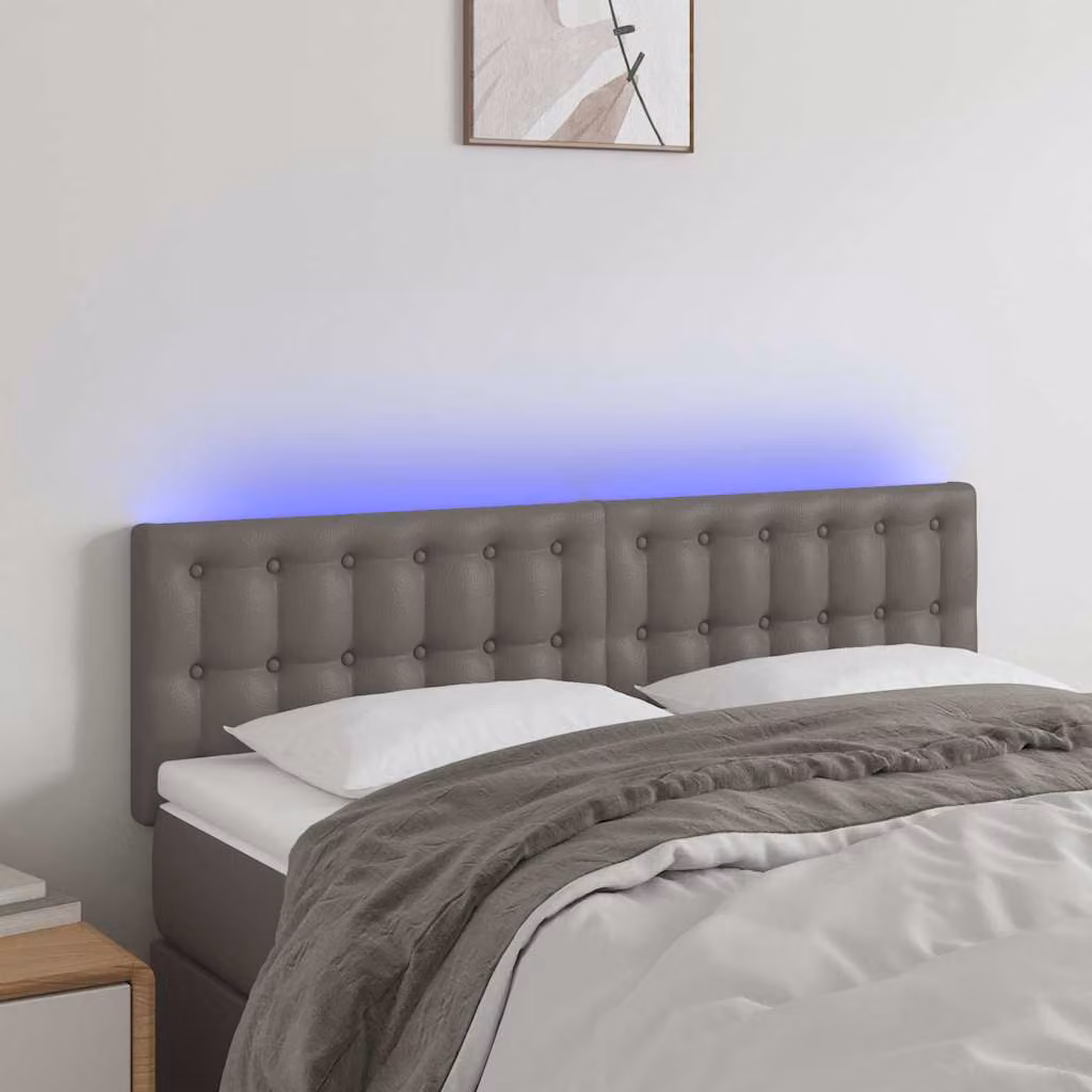 Testiera per letto vidaXL in similpelle grigia con illuminazione LED e porta di ricarica USB, L 144 x P 5 x H 78/88 cm