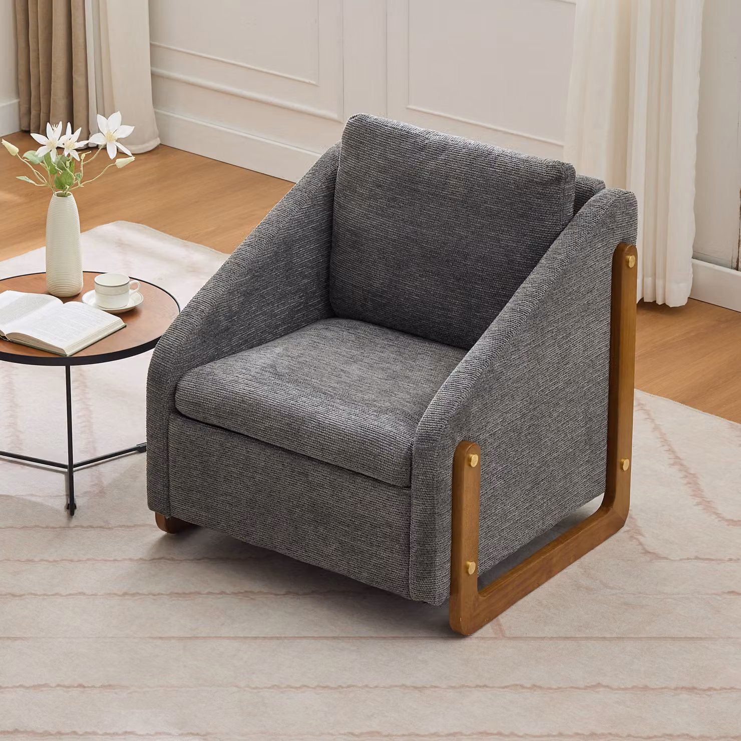 Poltrona relax MODFU, poltrona con braccioli, sedia da pranzo con braccioli in legno, poltrona da lounge con cuscino per la schiena, tessuto in chenille, grigio