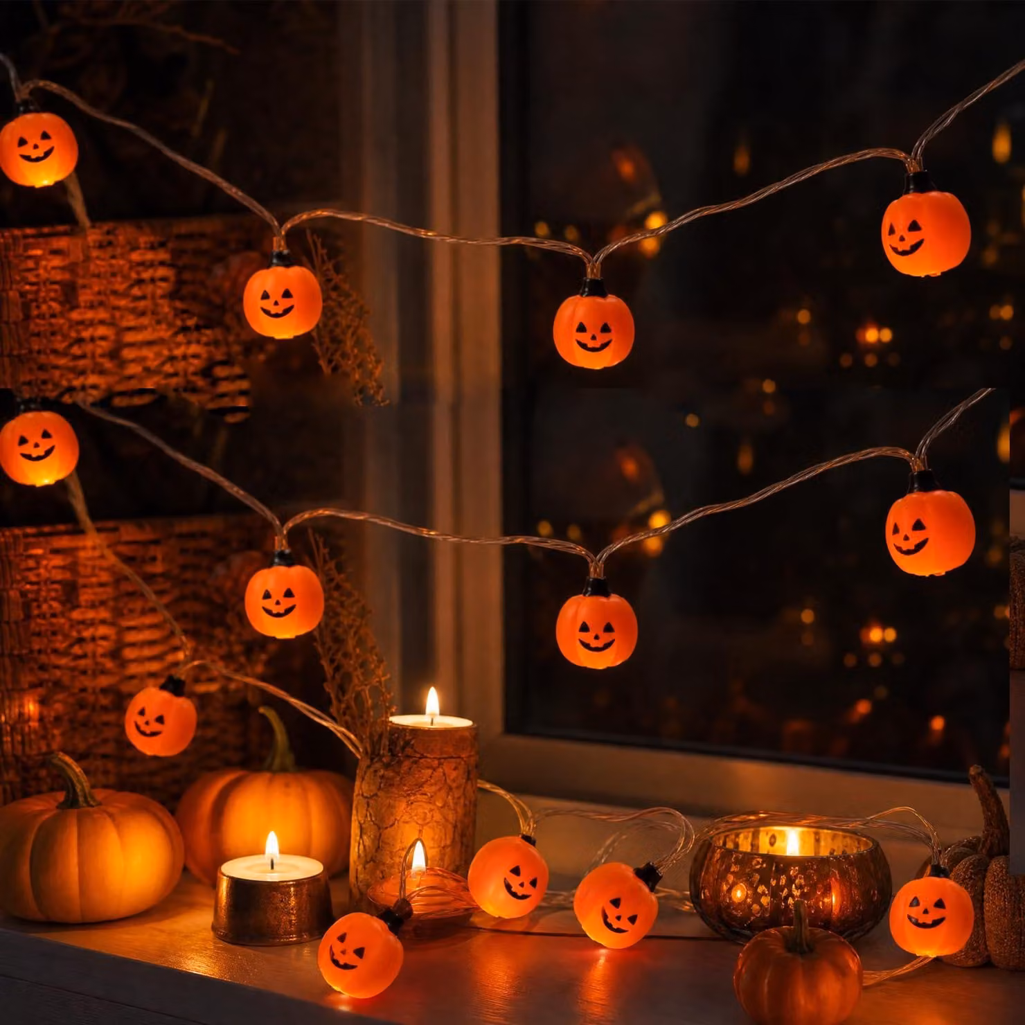 Catena luminosa a forma di zucca, 2 metri, 10 LED, luce bianco caldo, con timer