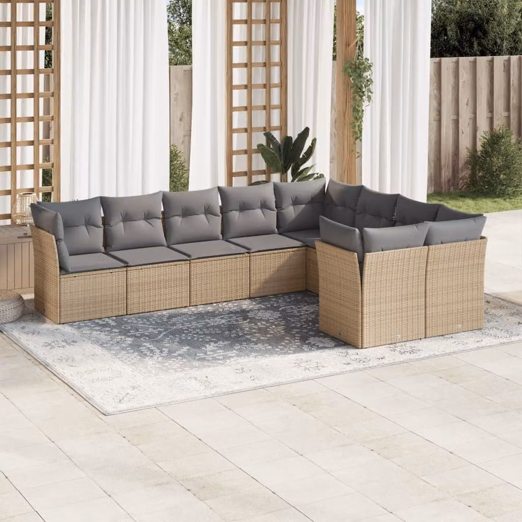 vidaXL Set Divano da Giardino 9 pz in Polyrattan con Cuscini Beige e Grigio
