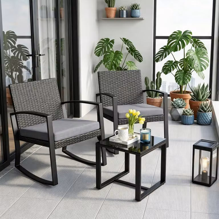 Set di sedute in polirattan Bealife 3 pezzi, set di mobili da giardino 2 persone, set di mobili da giardino, set di sedute da balcone con cuscini grigio (1 tavolo + 2 sedie)