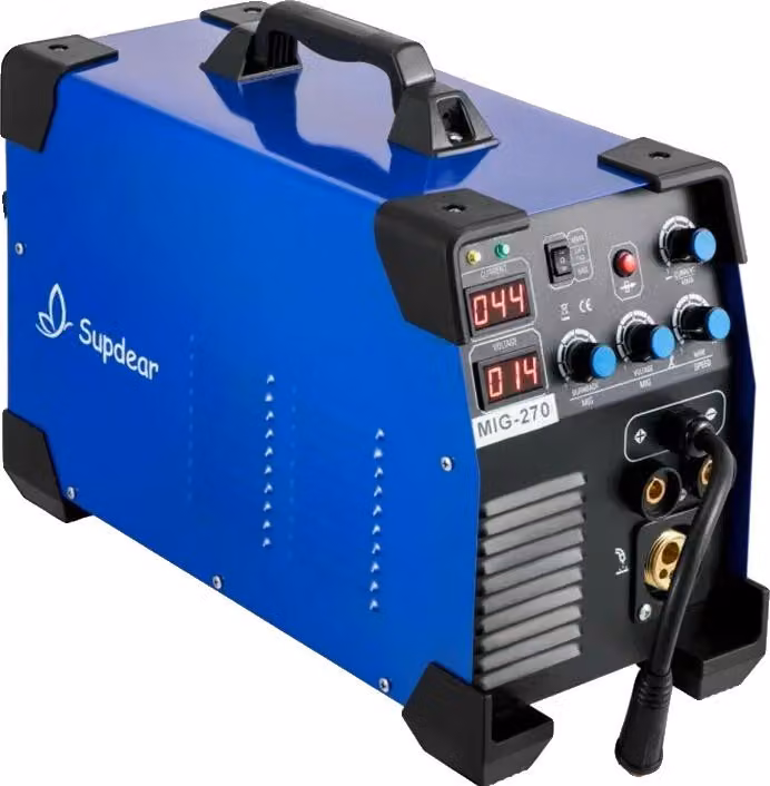 saldatrice 3 in 1, MIG/MMA/TIG, potenza nominale 5,6 KVA, intervallo di corrente 50-270 A, tensione di ingresso 110V/220V, avanzamento automatico del filo