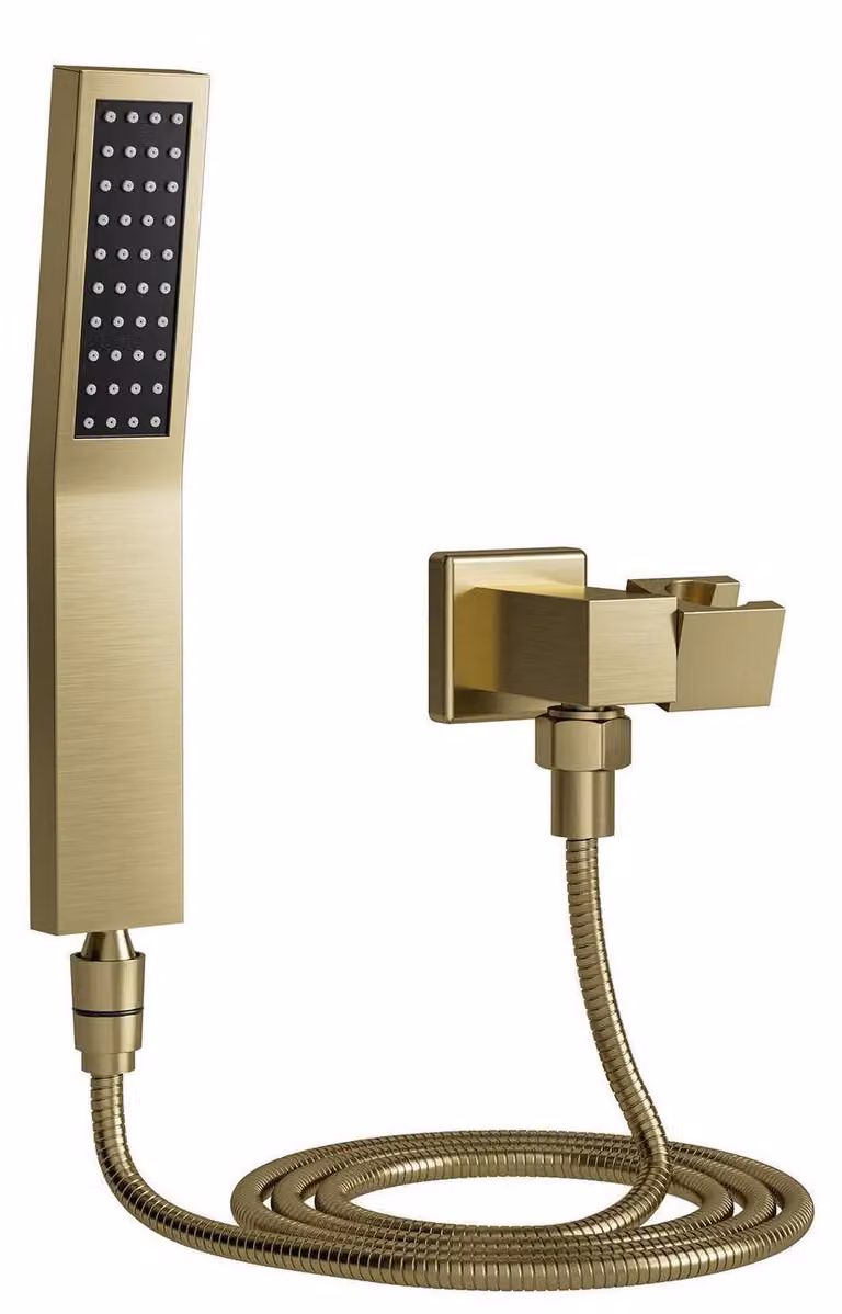 Doccia angolare con tubo flessibile e supporto, color oro, in ottone