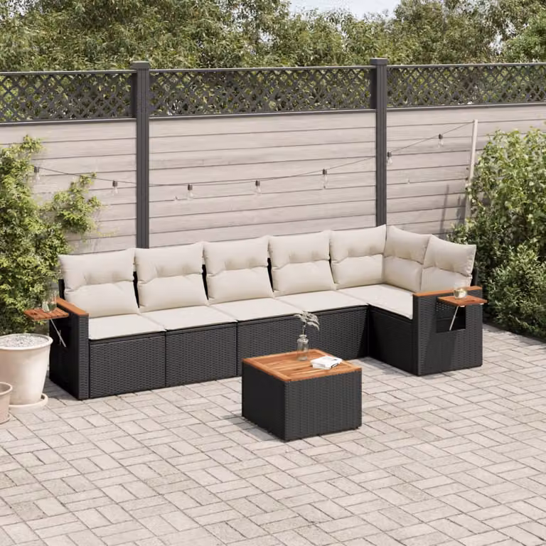 vidaXL Set Divano da Giardino a L con 7 Pezzi in Polyrattan Nero e Cuscini con Rivestimenti Rimovibili