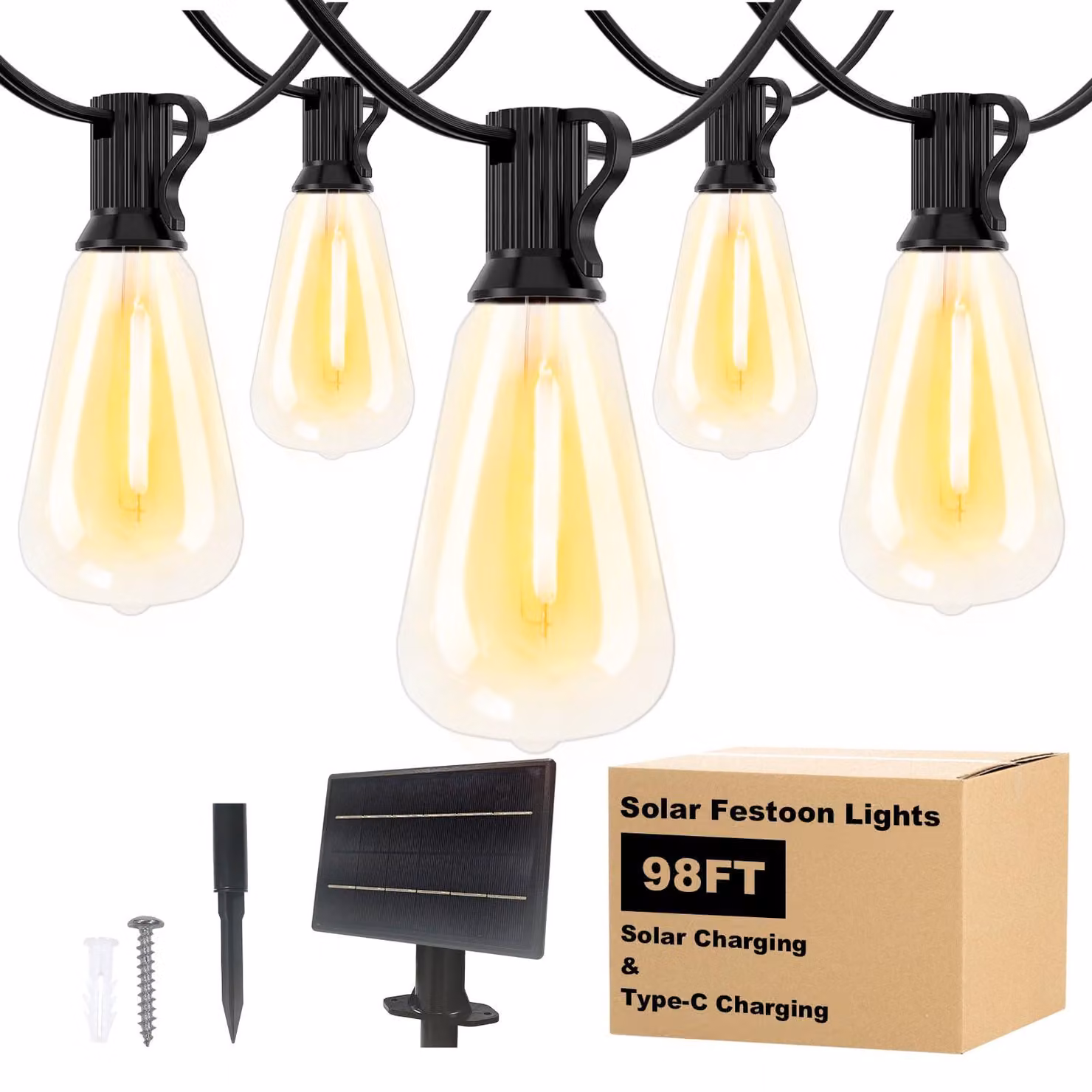 Catena luminosa solare, 30 metri, 37 lampadine LED bianco caldo, per uso esterno