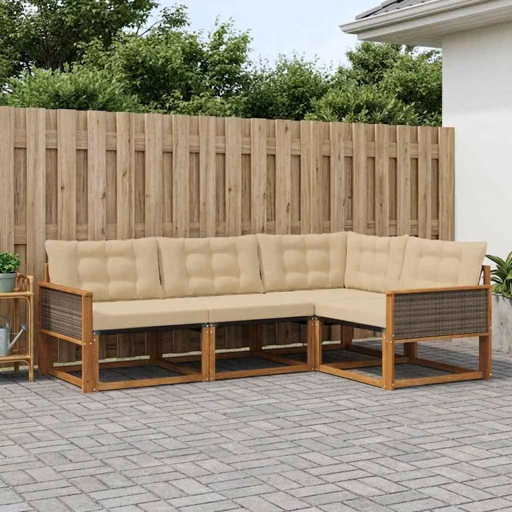 Set di divani da esterno vidaXL 4 pz in legno di acacia e tessuto textilene, colore beige e naturale, con cuscini inclusi, design moderno a L