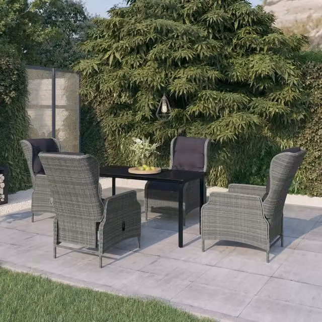 Set da pranzo da giardino moderno vidaXL composto da 5 pezzi in metallo e rattan con piano in vetro, colore grigio e nero