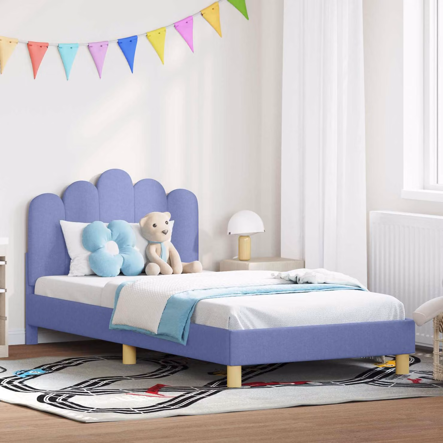 Struttura letto per bambini vidaXL con testata imbottita in tessuto blu, L 90 cm x P 200 cm, H 85 cm