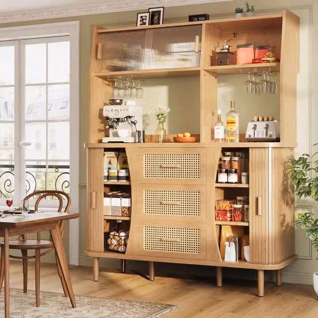 Credenza da cucina alta con vetrina e 3 cassetti, porte scorrevoli, per cucina, MDF colore legno, 140 × 40,5 × 174,5 cm