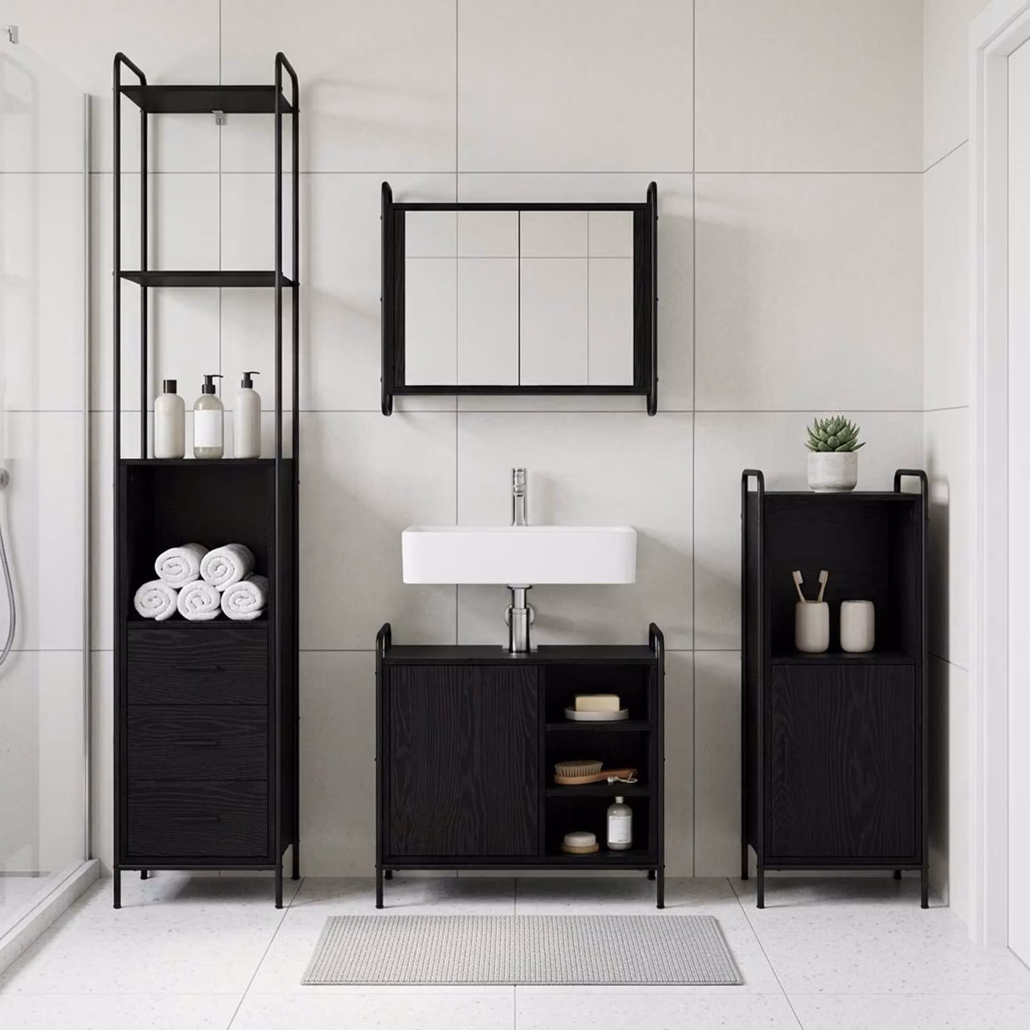 vidaXL Set di Armadi da Bagno 3 pz Rovere Nero 40 x 36 x 181 cm