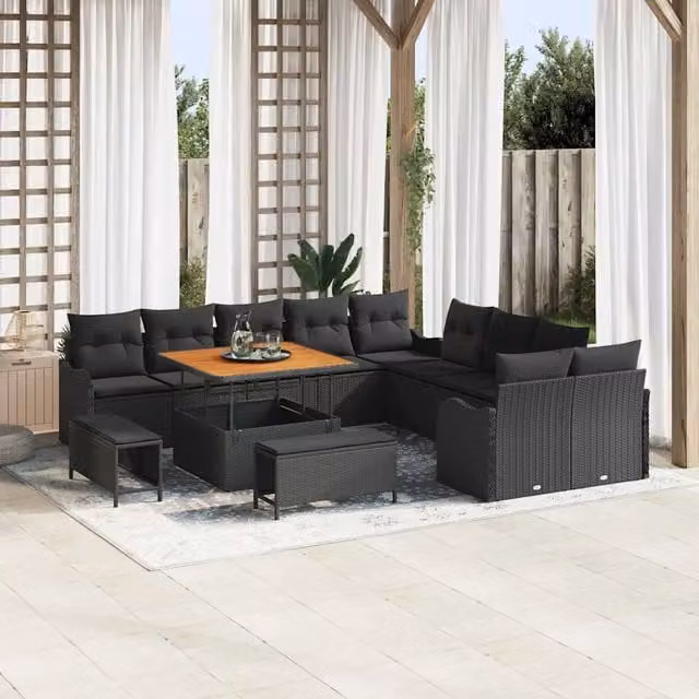 Set Divano da Giardino Moderno vidaXL a Forma a U in Polyrattan Nero con 13 Pezzi e Cuscini Inclusi – 1