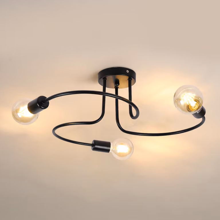 Lampada a soffitto a tre luci, colore nero, metallo, attacco E27, dimensioni 46x46x18 cm