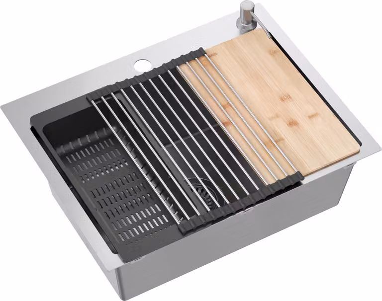 VBChome Lavello in acciaio inox 58 x 45 cm Acciaio inox spazzolato Set di accessori Dispenser Tagliere Tappetino arrotolabile Scolapiatti pieghevole Sifone a due fori