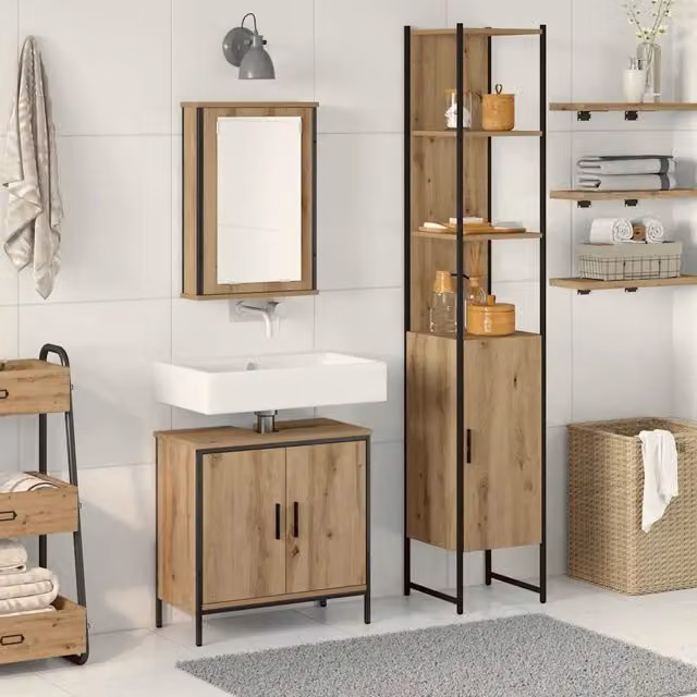Set di mobili per il bagno vidaXL composto da 3 pezzi in legno marrone e nero con design minimalista e montaggio a parete