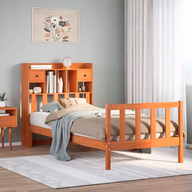 Letto Libreria VIDAXL in Legno di Pino Marrone Cera con Cassetti e Scaffali L: 110 cm, P: 81 cm, H: 218,5 cm