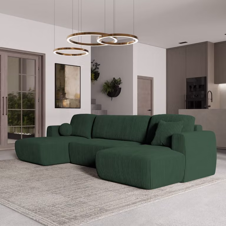 Divano angolare SENTUM P di Masseno con funzione letto a U, divano con box letto, divano da soggiorno, divano, divano letto, set di divani - verde, POSO 14