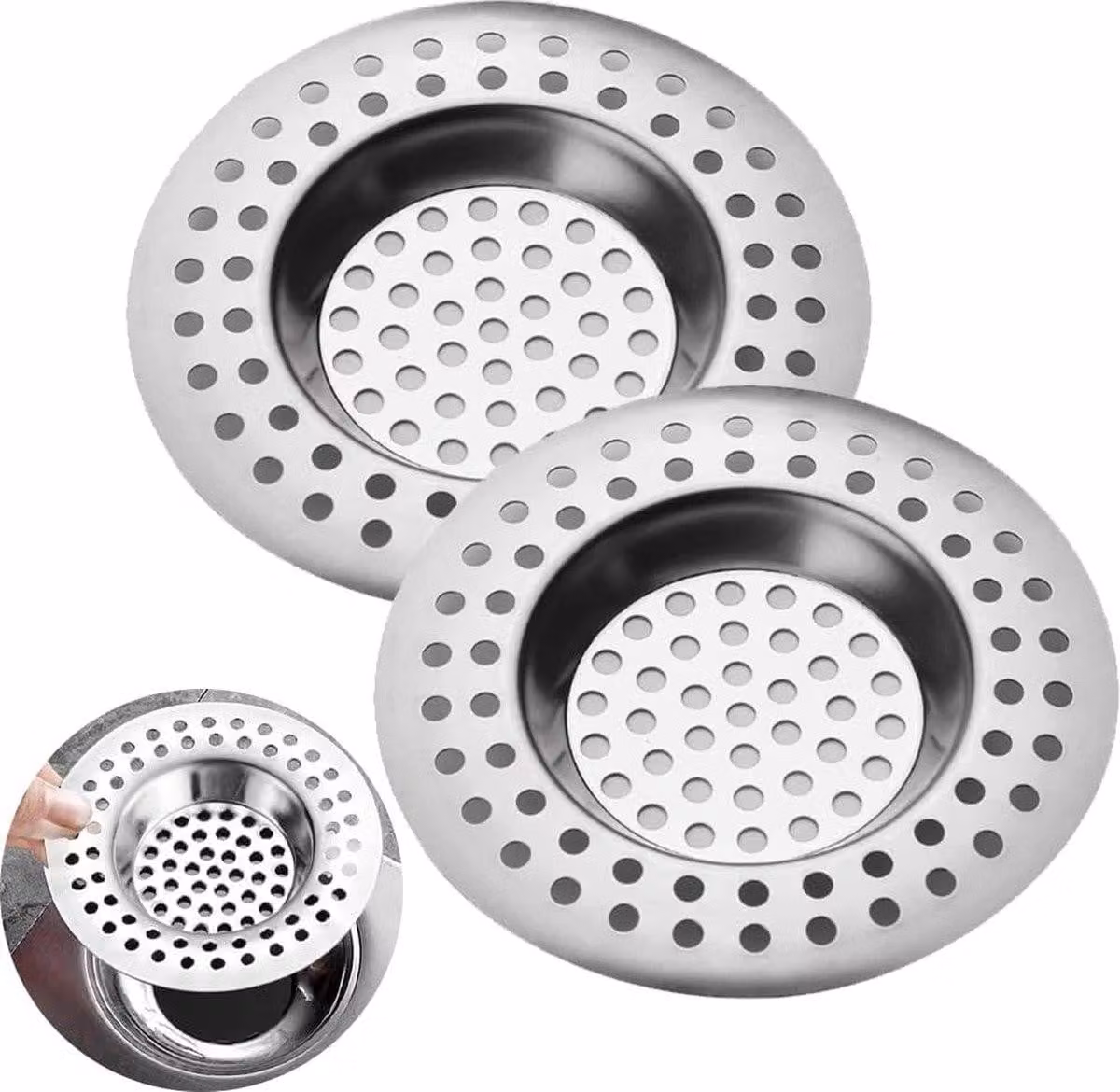 Filtri di scarico in acciaio inossidabile per lavelli, lavabi, docce, bagni e cucine - Set di 2 pezzi - Diametro: 7,5 cm (2,95 pollici)