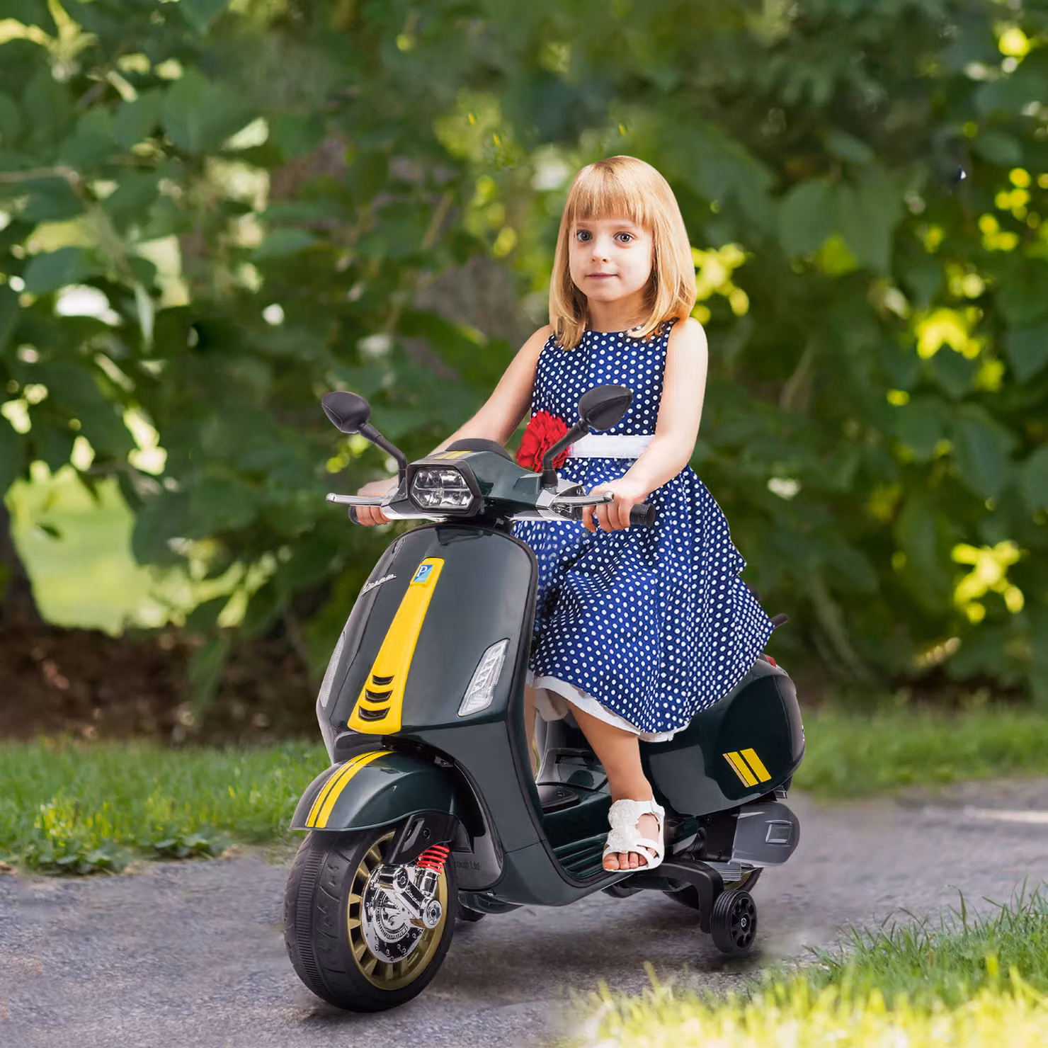 Moto elettrica Vespa AIYAPLAY per bambini, Verde scuro, con musica, luci e radio, velocità 3 km/h, per età 3-6 anni – 2