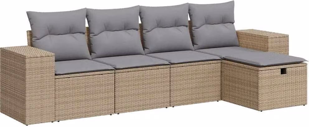 Set Divano da Giardino 5 pz con Cuscini Beige in Polyrattan