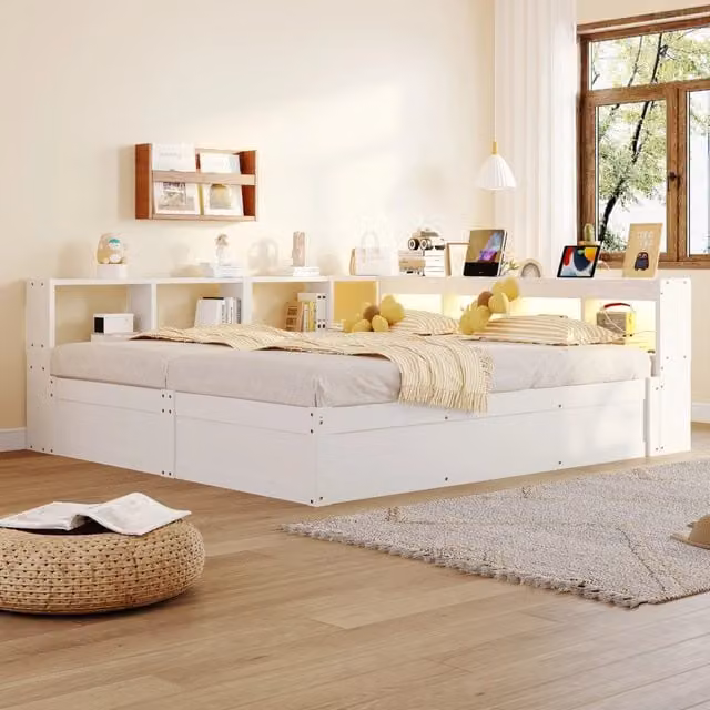 Letto multifunzione 90/180x200 cm con presa; LED e contenitore; bianco