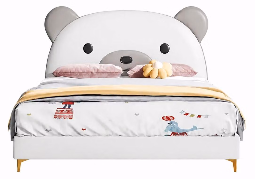 Letto per bambini bianco, modello Orso, in pelle, adatto a bambini di entrambi i sessi. Arredamento per bambini