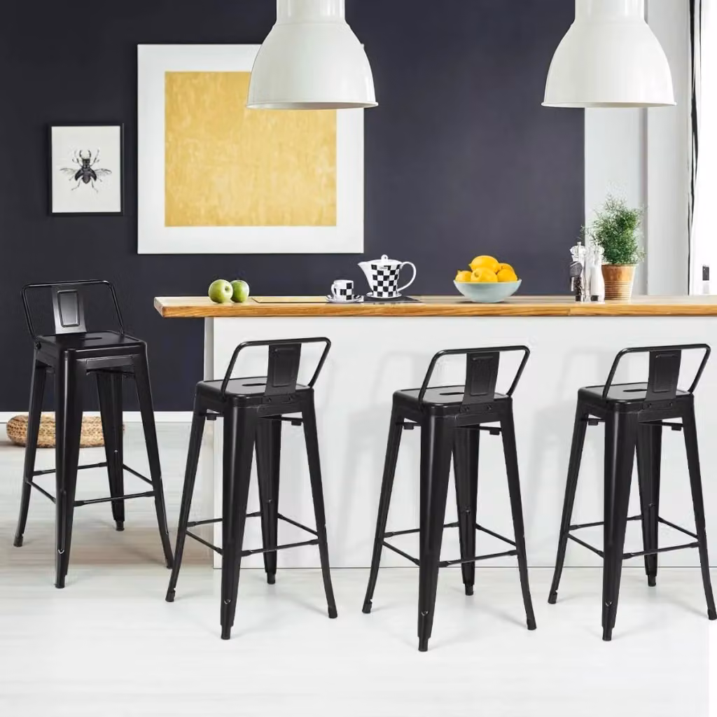 Set di 4 Sgabelli da Bar Moderni COSTWAY in Metallo Verniciato Nero, Impilabili con Schienale e Poggiapiedi, Altezza: 94 cm – 2