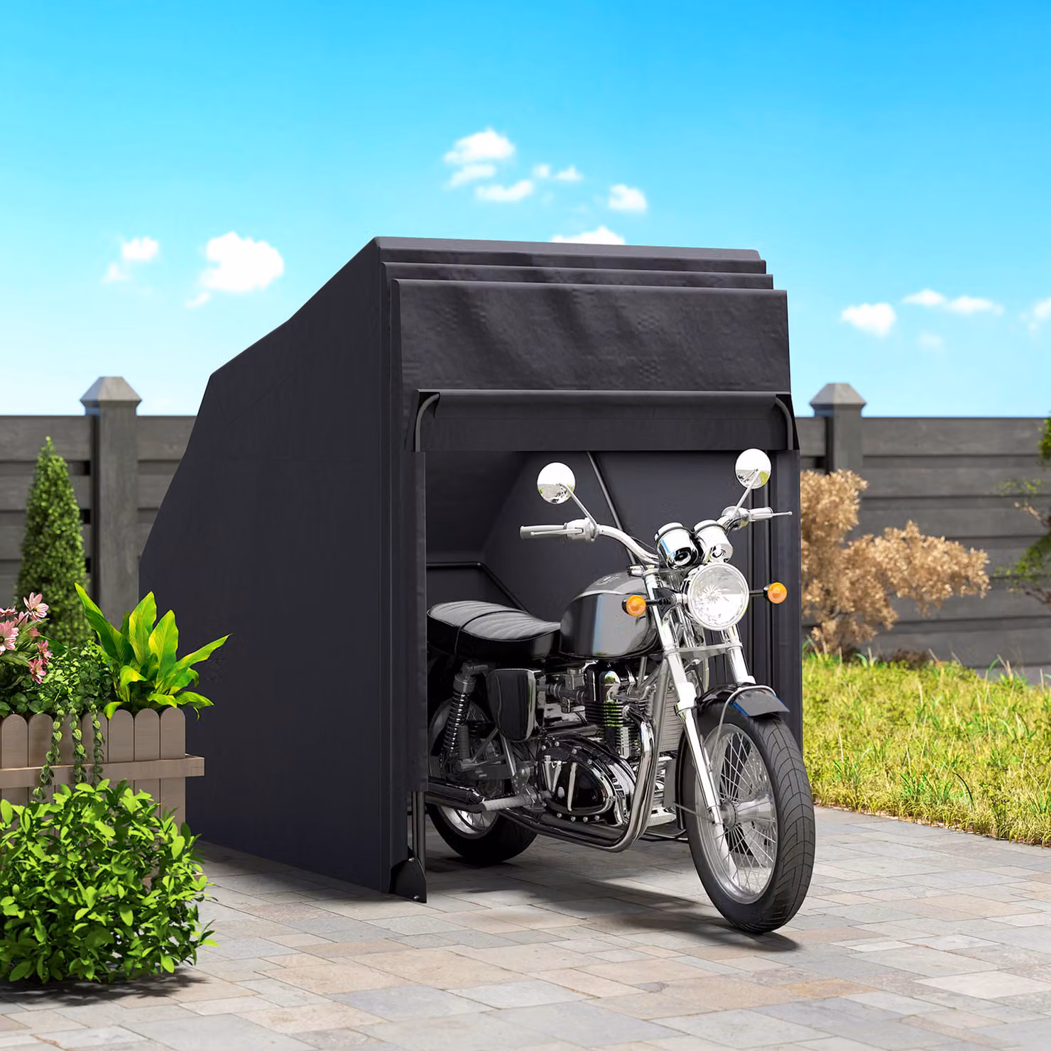 Riparo per moto esterno Outsunny in tessuto Oxford con 2 finestre, L: 345 cm, P: 135 cm, H: 191 cm, Nero – 2