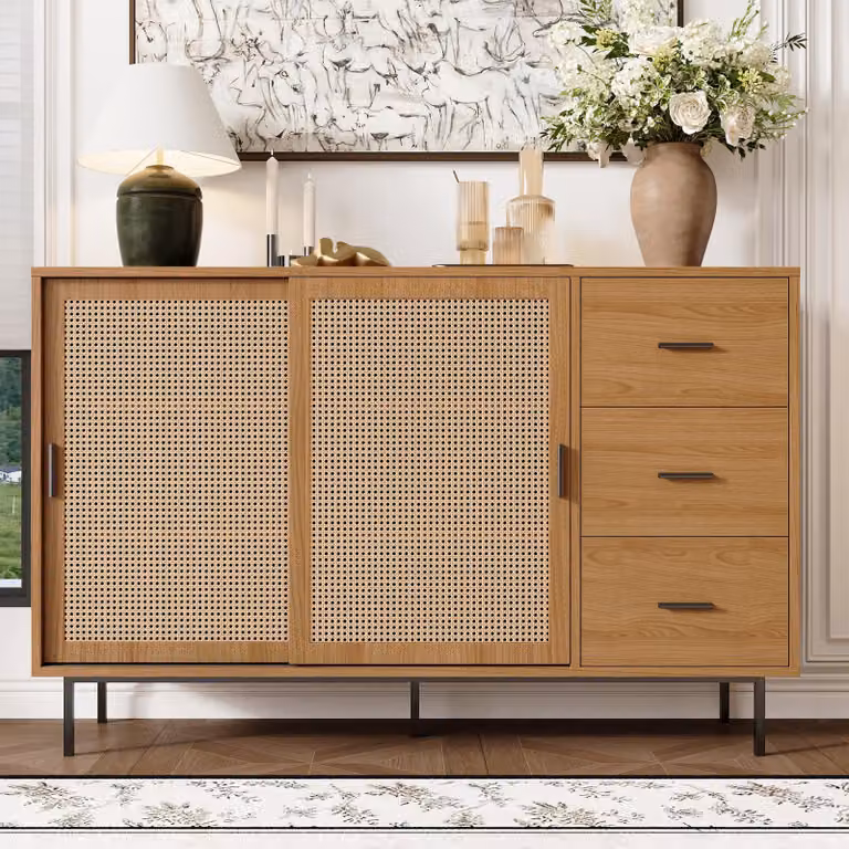 Credenza Merax con 2 ante scorrevoli, 3 cassetti, ripiani regolabili, credenza in stile country per soggiorno sala da pranzo, natura