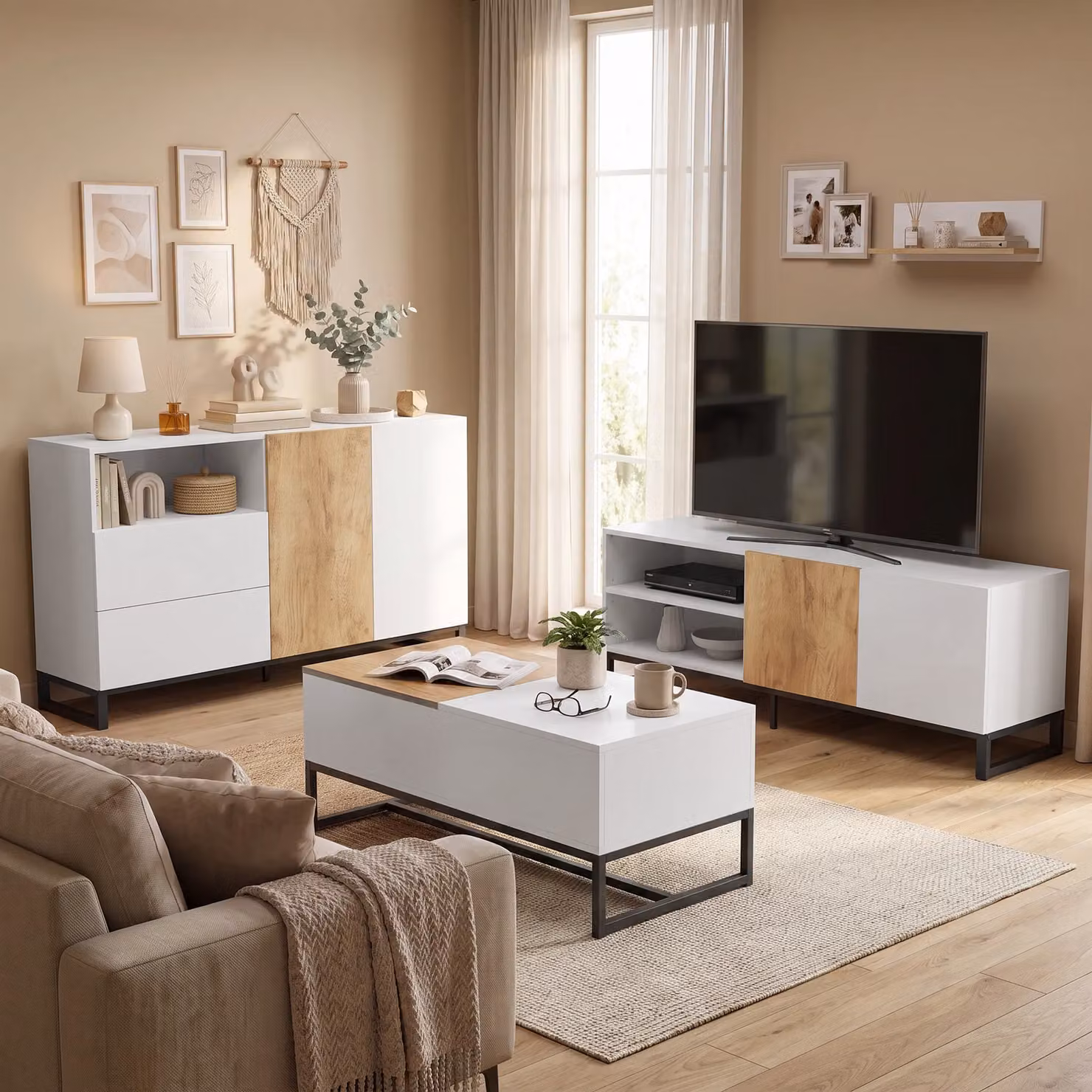 Madia moderna HOMCOM con ripiano aperto, bianco e rovere – 2