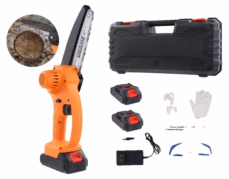 Troncatrice a batteria compatta, con lama di 15 cm, velocità della catena di 7 m/s, alimentata da 2 batterie da 21V, design leggero, sistema di blocco di sicurezza e paraspande