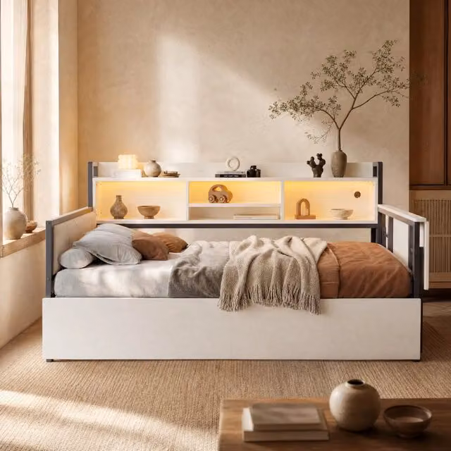 Letto multifunzione 90x200 cm in metallo; con LED; 2 cassetti; scrivania estraibile; bianco