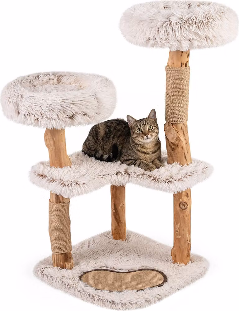 COSTWAY Tiragraffi in legno, 101 cm, tiragraffi per gatti con pali in legno massello e juta, tappetino graffiante, 2 sedute in peluche e 2 grandi piattaforme, mobili per gatti
