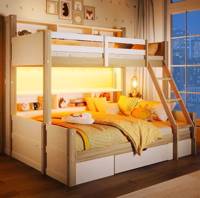 Letto a castello bambini 90x200/140x200 cm con LED, cassetto e vani, bianco/naturale