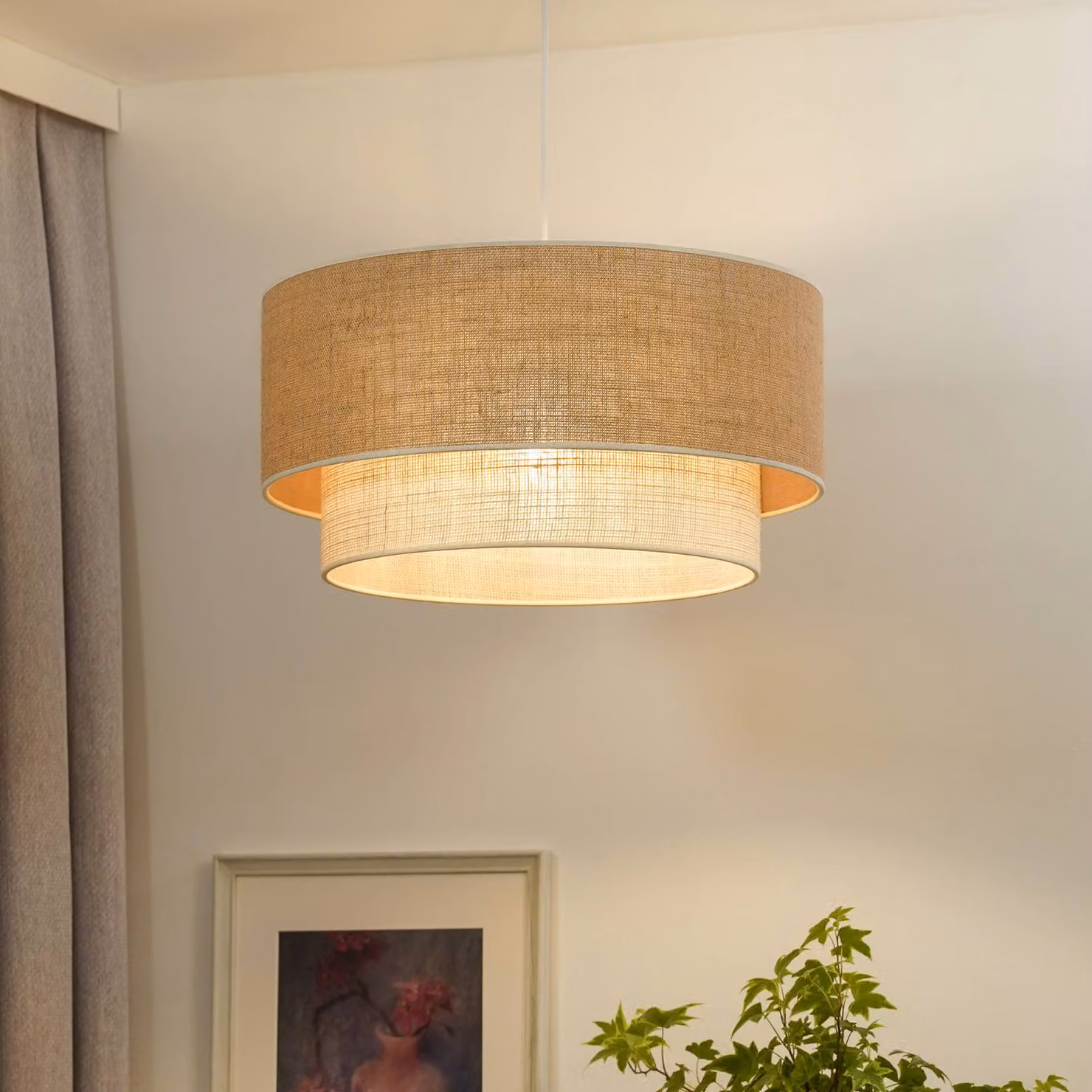 Lampada a sospensione Boho Jute Duolla, dimmerabile, Marrone / Ruggine, Soggiorno / Sala da pranzo, Tessuto / Stoffa / Seta, Lampada a sospensione