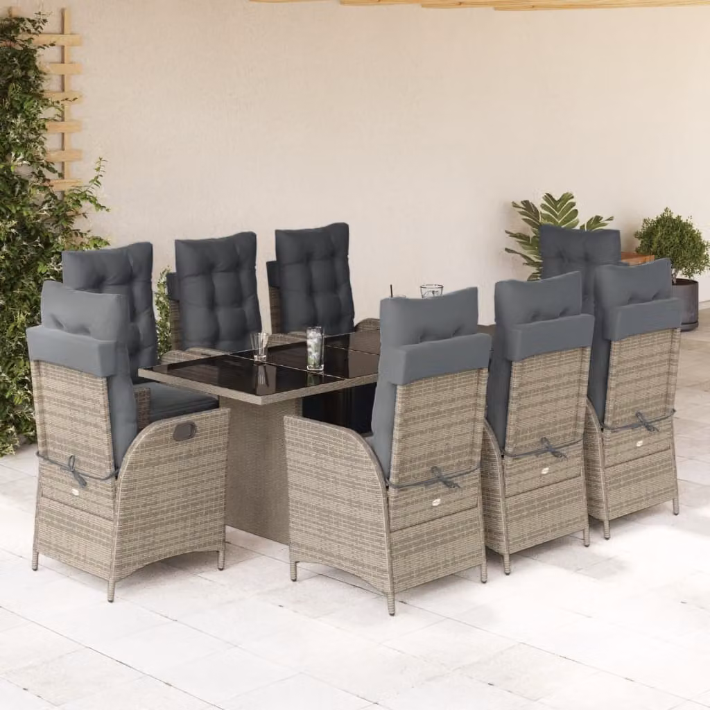 Set da pranzo da giardino vidaXL in polyrattan grigio con cuscini e piano in vetro, 9 pezzi