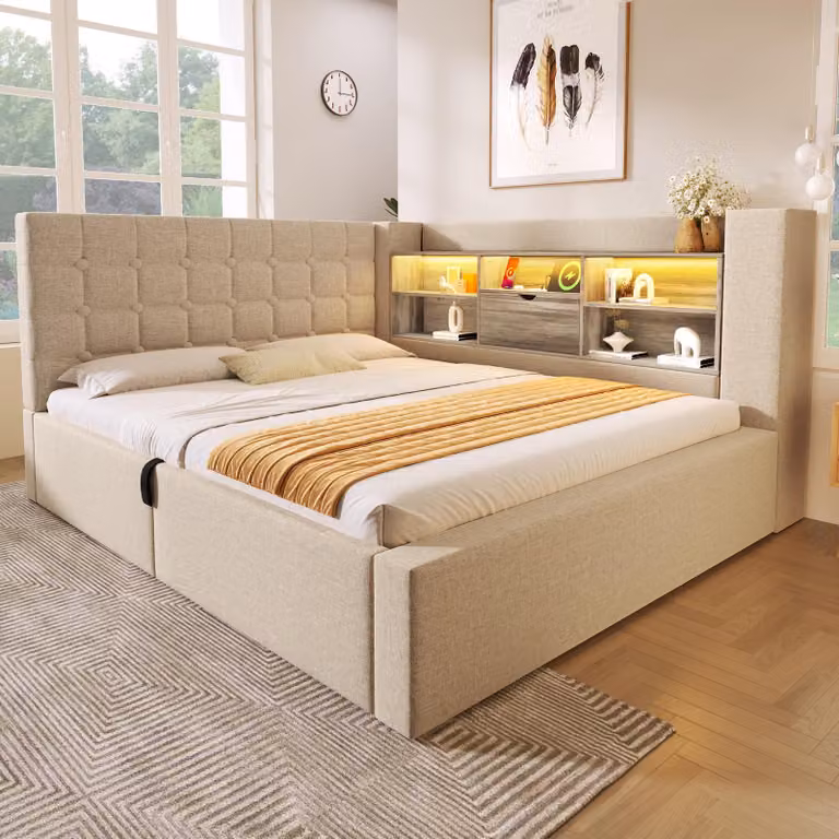 okwish Divano letto a L 140x200 con illuminazione a LED e vani portaoggetti aperti sulla parete posteriore, letto per ragazzi letto matrimoniale con rete, beige (con materasso)