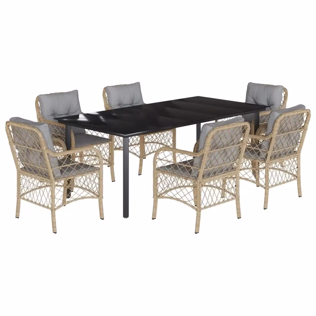 Set da pranzo da giardino vidaXL in polyrattan con tavolo in vetro e 7 pezzi, colori nero, beige e grigio – 2