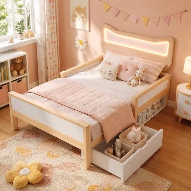 Letto per bambini 90x190 cm con testiera a gatto, illuminazione LED RGB, cassetto e vano contenitore, rete a doghe e sponde di sicurezza, bianco e rovere