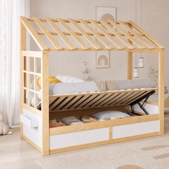 Letto per bambini 90x200 cm a casetta con vano idraulico e ripiani laterali