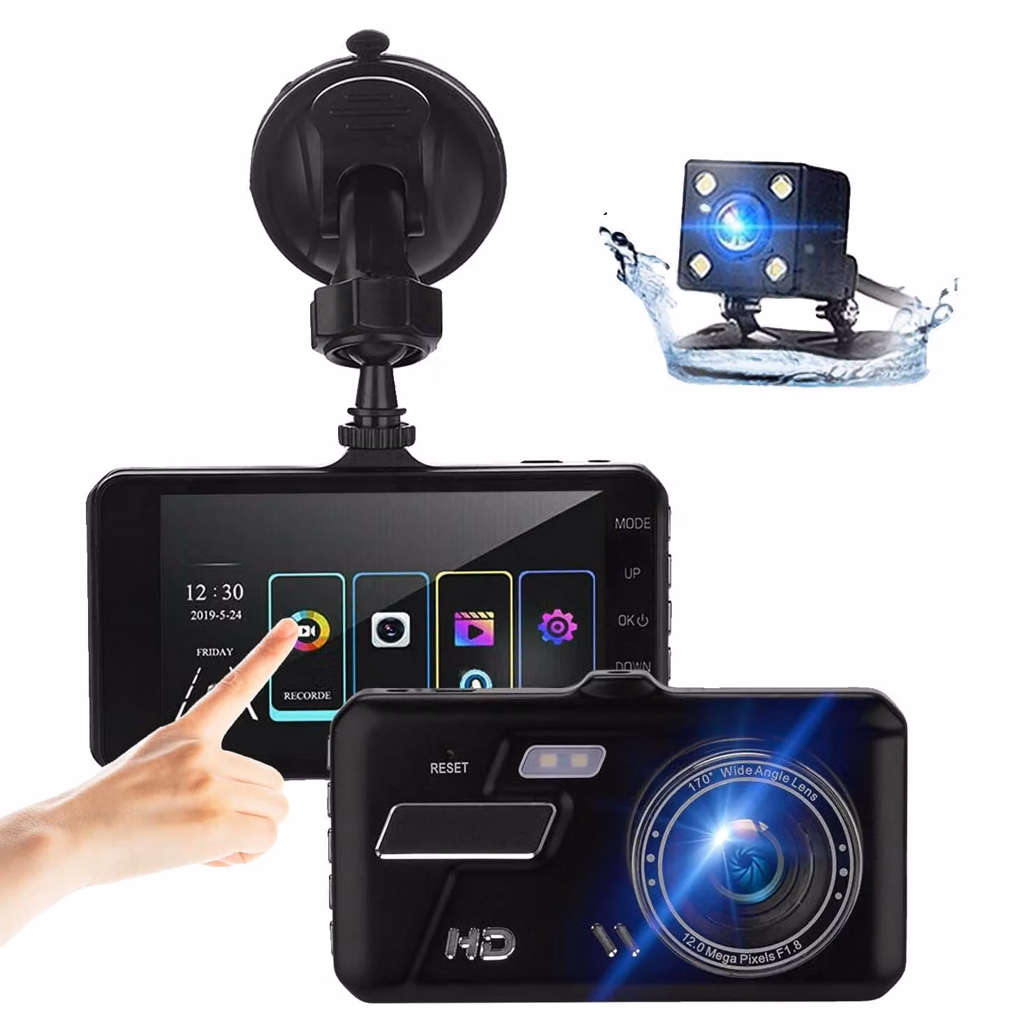 Dashcam, doppia registrazione, display touchscreen, A-JILUYI-BK, 32 GB