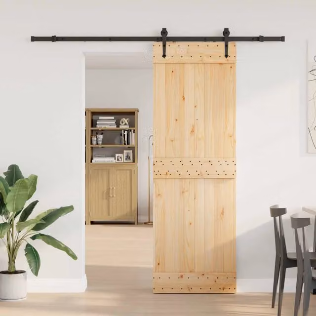 Porta scorrevole moderna vidaXL NARVIK in legno di pino massiccio e acciaio, colore Naturale e Nero, L: 70 cm, H: 210 cm (Altezza totale: 213,5 cm) – 1