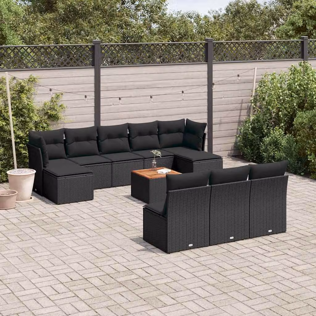 Set Divani da Giardino vidaXL 11 pz in Polyrattan Nero con Cuscini e Tavolino da Esterno – 1